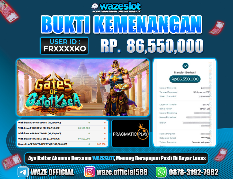 BUKTI KEMENANGAN 31 AGUSTUS 2025 GAME GATES OF GATOTOT KACA 1000 ( PRAGMATIC PLAY ) 