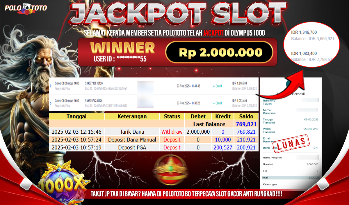 POLOTOTO JACKPOT SLOT GATES OF OLYMPUS 1000 Rp.2,000.000,-