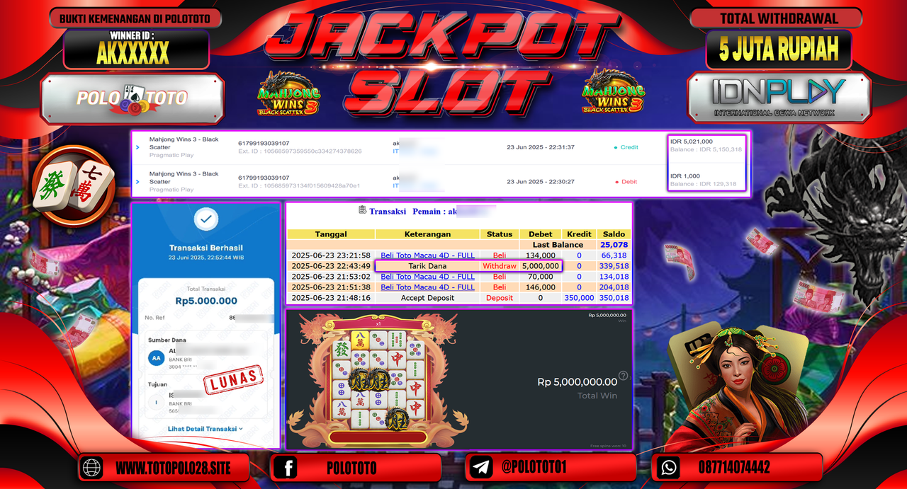 POLOTOTO JACKPOT SLOT MAHJONG WINS 3 - BLACK SCATTER Rp.5.000.000,-