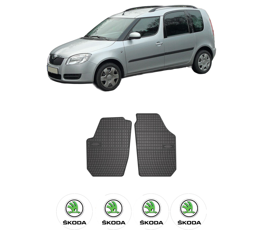 Set covorase presuri SKODA ROOMSTER Praktik (5J) din 2007-2015, auto, din cauciuc thermoplastic, 4 Stickere auto cu SKODA