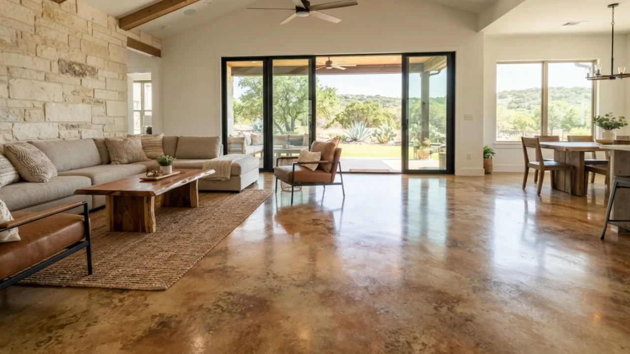 Stained interior concrete floor San Antonio home
