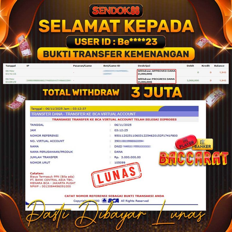 SENDOK88 JEPE! BACCARAT Rp 3.000.000,- LUNAS!