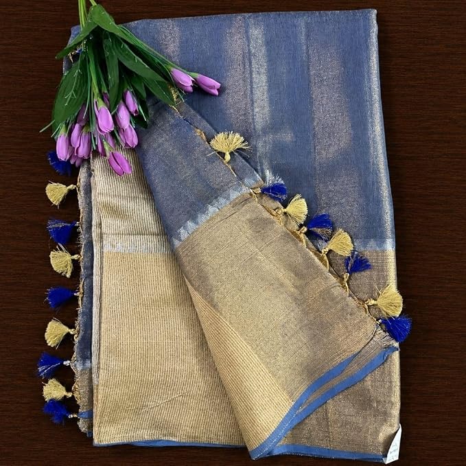 Women's Linen Silk Saree with Temple Border & Unstitched Blouse Piece