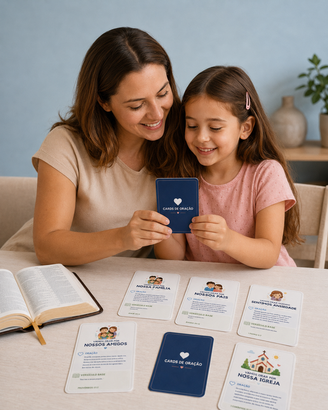 Responsável e criança usando card de oração