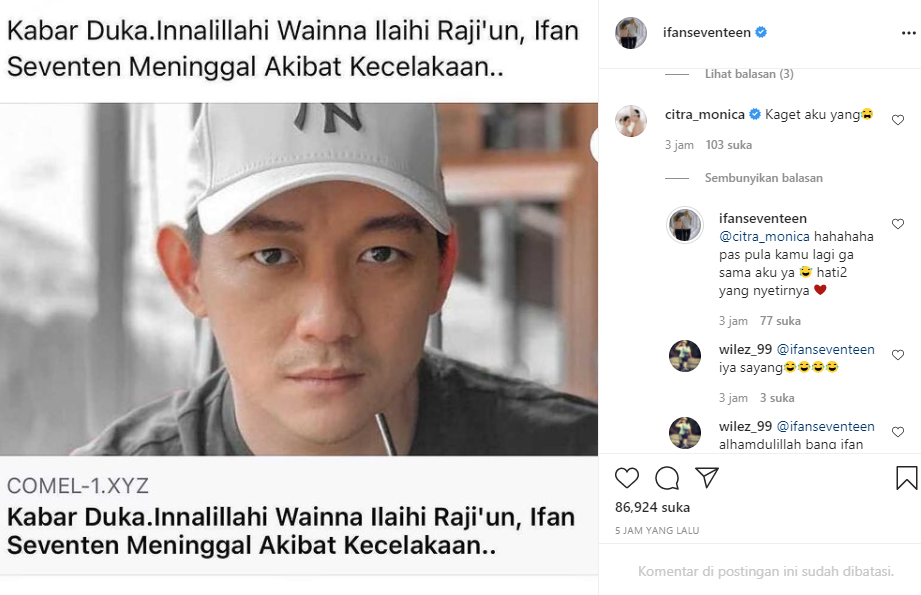 Citra Monica nangis dan syok mengetahui kabar hoax soal Ifan meninggal. 