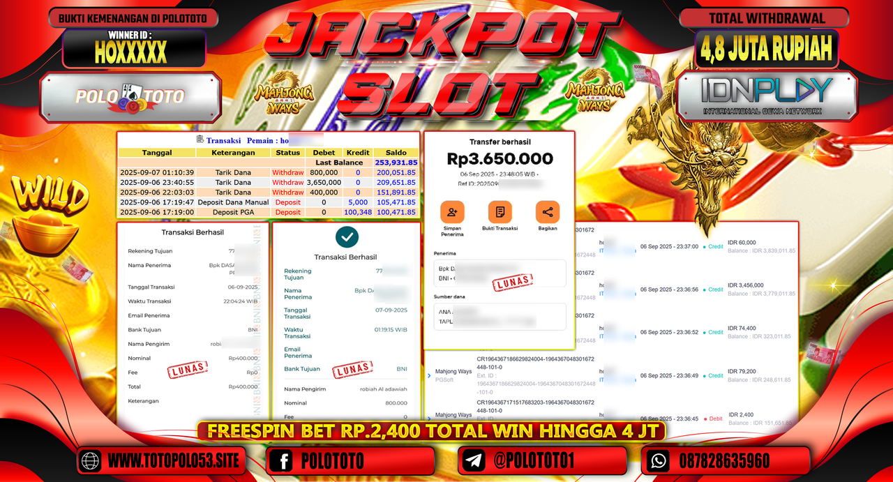 POLOTOTO JACKPOT SLOT MAHJONG WAYS Rp.4.850.000,-