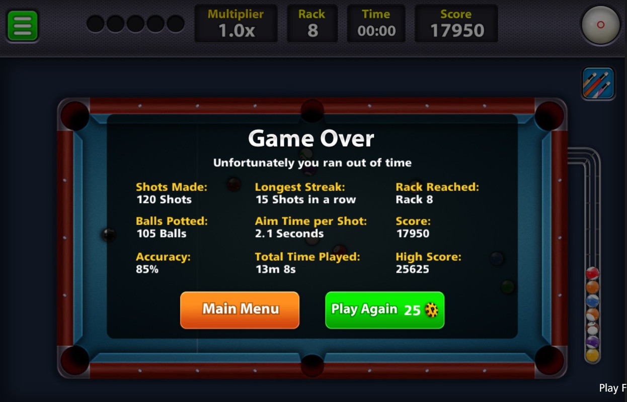 2 8 Ball Pool, Quick Fire Pool, Beginner Cue 17,950 8 Racks 85% Accuracy
