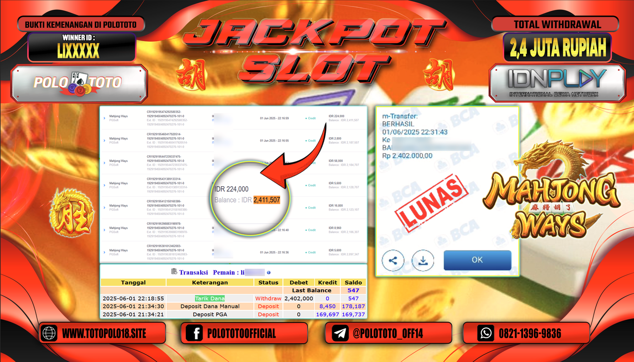 POLOTOTO JACKPOT SLOT MAHJONG WAYS Rp.2.402.000,-