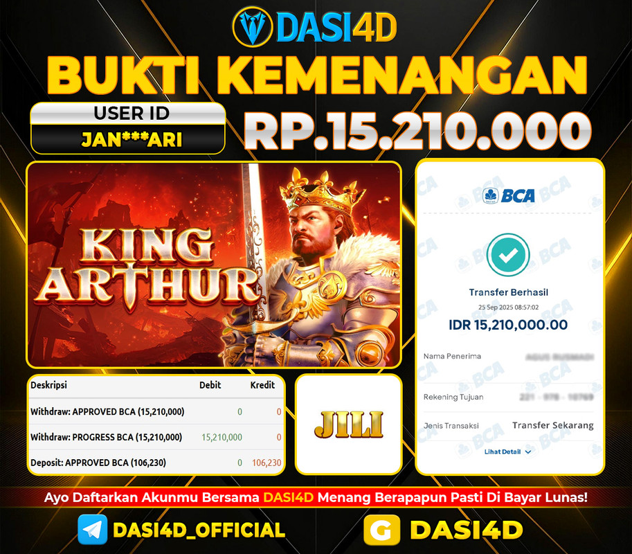 BUKTI KEMENANGAN 25 SEPTEMBER  2025 DI  KING ARTHUR  RP. 15.210.000