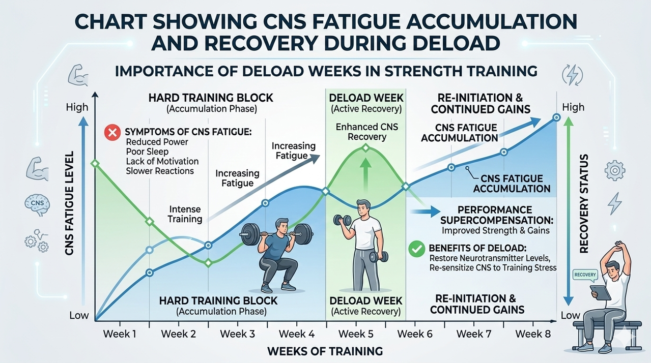 Chart showing CNS fatigue accumulation and recovery during deload for importance of deload weeks in strength training