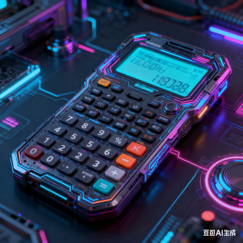 Scientific calculator on a desk with futuristic cyberpunk style blue lighting
