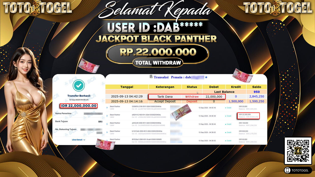 Bukti Pembayaran Jackpot Permainan Slot Black Panther ID:DAB***** LUNAS