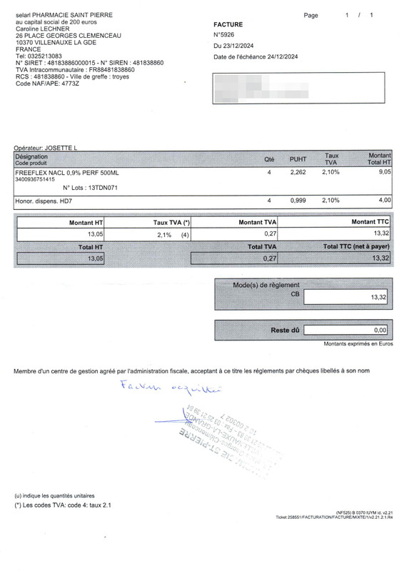 Facture perfusions Simba 24-12-2024