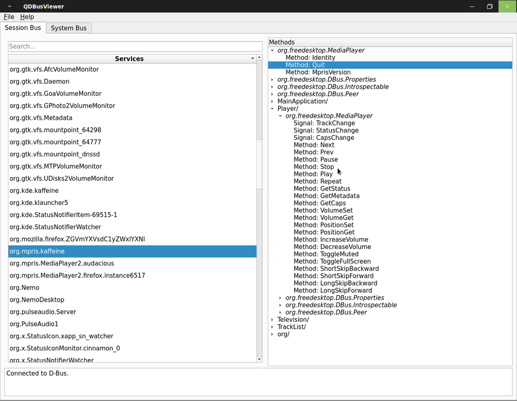 Qt D-Bus Viewer | A parancssor felépítésének logikája lekövethető a képről (a Quit kiemelve, de látszik a Stop elhelyezkedése is)