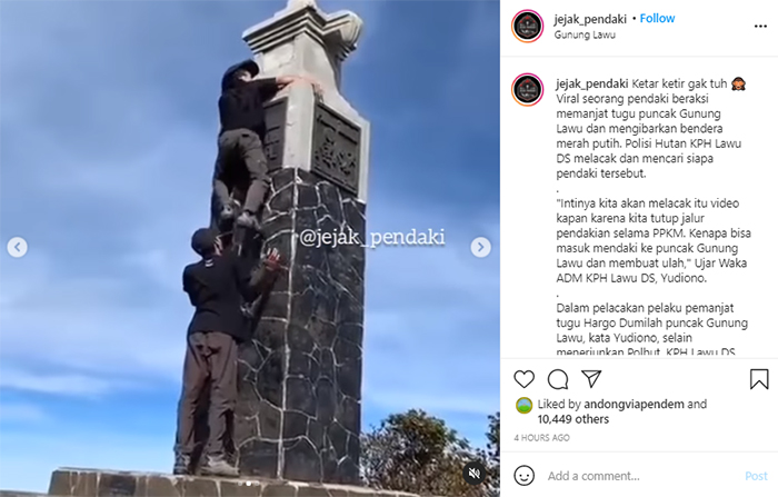 Viral pendaki memanjat Tugu Hargo Dumilah di Puncak Gunung Lawu