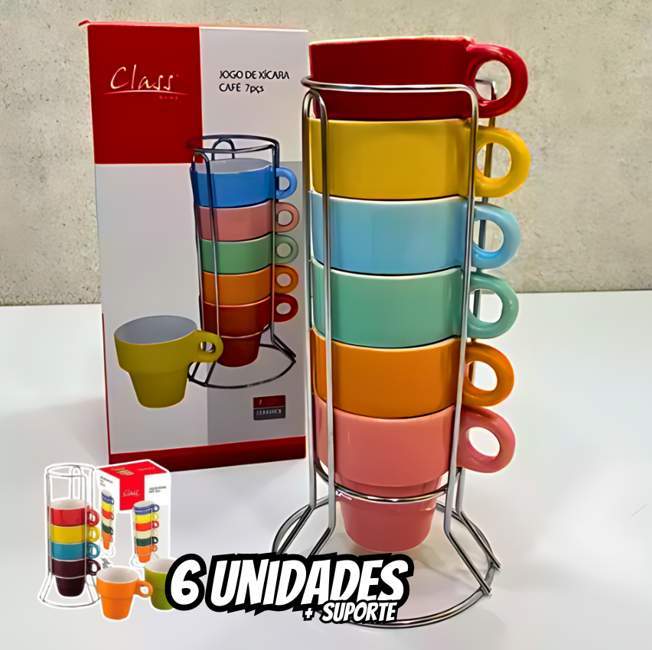Jogo Xícaras De Café 6 Und 50ml Porcelana Colorida Suporte