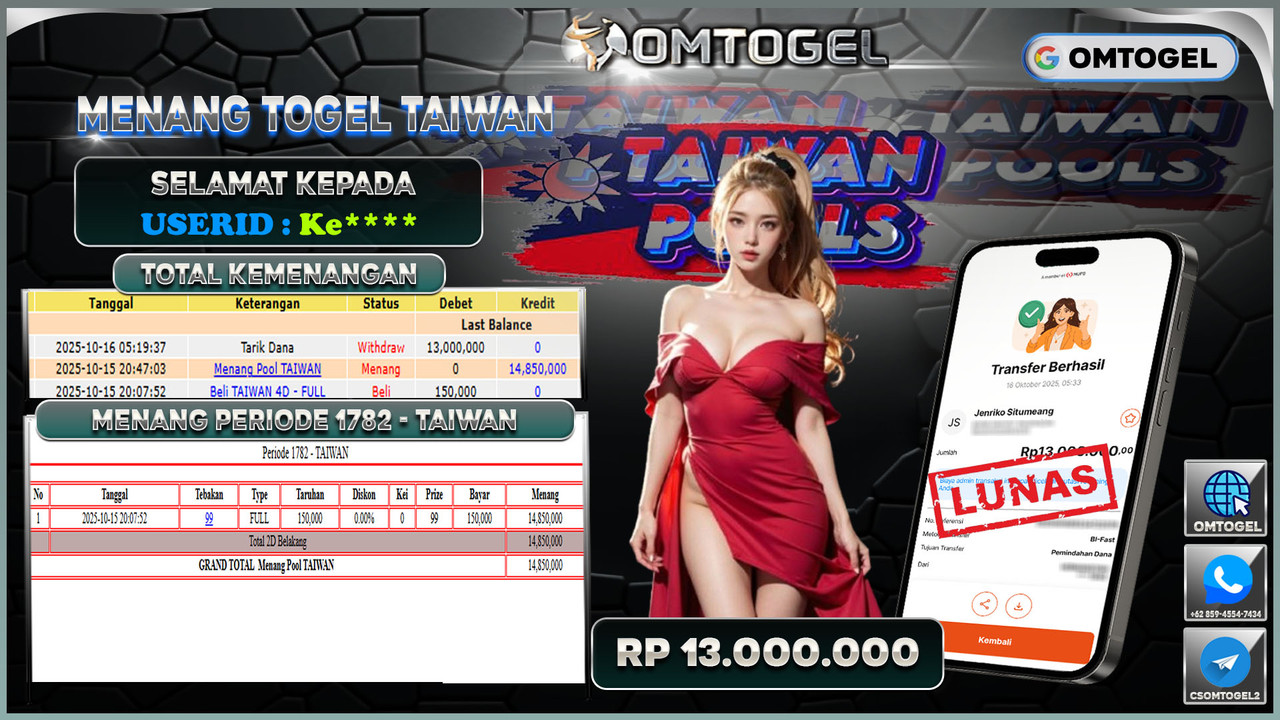 OMTOGEL JACKPOT TAIWAN 2D 13 JUTA DI BAYAR LUNAS ,-