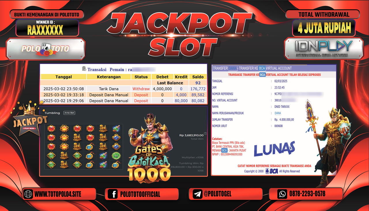 POLOTOTO JACKPOT SLOT GATES OF GATOTKACA 1000 Rp.4.000.000,-