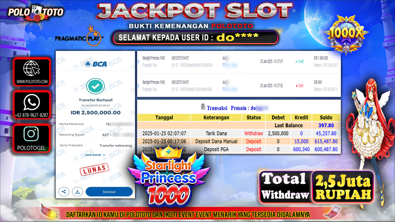 POLOTOTO JACKPOT SLOT STARLIGHT PRINCESS 1000 Rp.2,500.000,- 