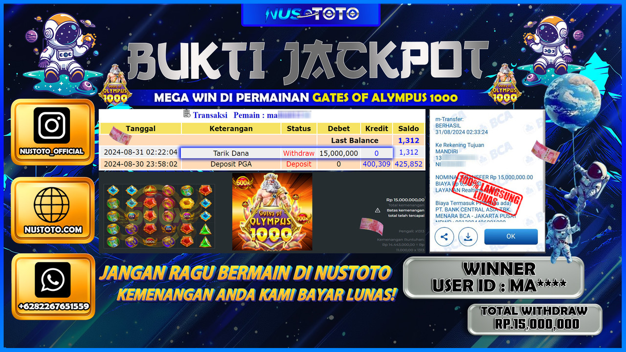 JACKPOT !! MENANG BESAR DI GATES OF ALYMPUS 1000 SENILAI Rp.15.000 .000 DIBAYAR LUNAS NUSTOTO !!