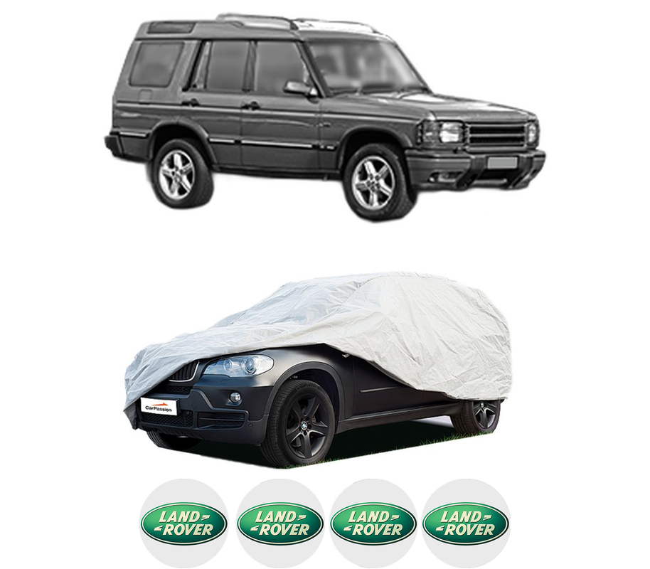Husa tip prelata auto pentru LAND ROVER DISCOVERY II (L318) din 1998-2004, Culoare Gri, material textil impermeabil, rezistanta la intemperii praf UV, CARPASSION Husa Protectie, 4 Stickere auto cu LAND ROVER