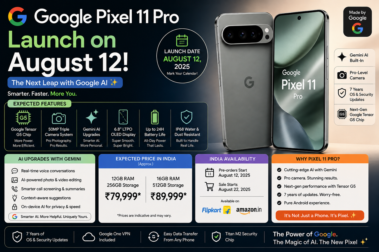 Google Pixel 11 Pro Launch on August 12: Expected Features, AI Upgrades and India Availability