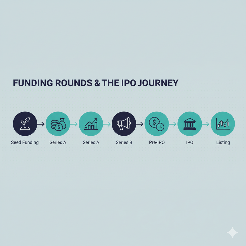 A timeline showing Seed Funding → Series A → Series B → Pre-IPO → IPO → Listing.