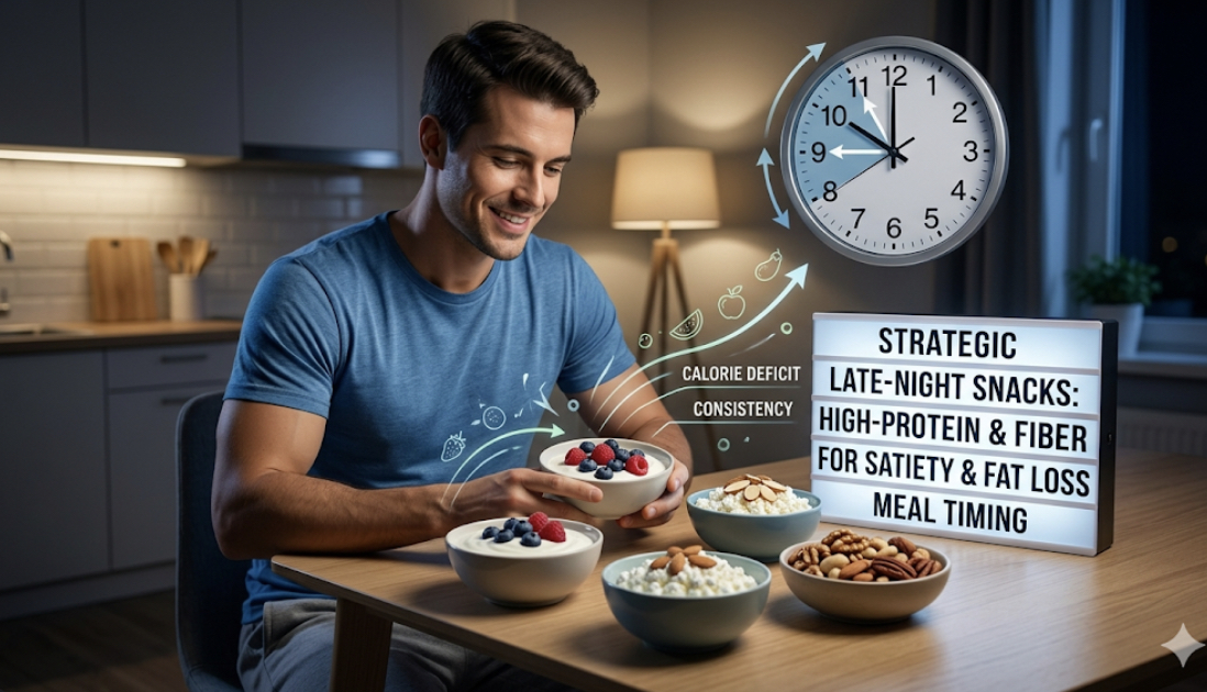 Healthy late-night snack options like Greek yogurt, cottage cheese, nuts, and berries, representing fat loss meal timing strategies and eating late at night fat loss solutions