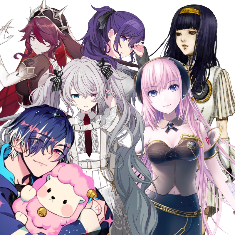 image including all of my sources. they are rosaria from genshin impact, mafuyu from project sekai, yuriko from gnosia, hatsune miku nightcord ver. from project sekai, megurine luka, and belphegor from obey me