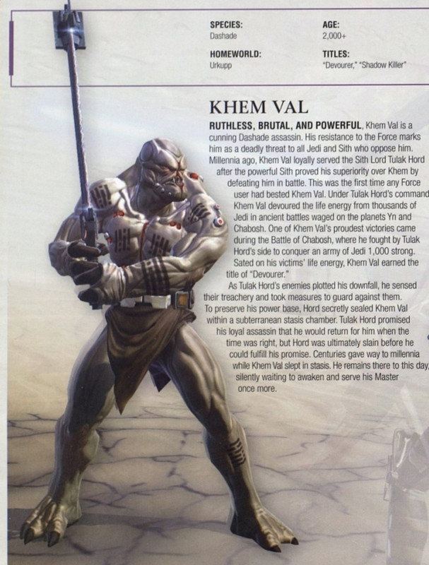 Scales to Tulak Hord who was the superior of Khem Val who killed 500 Jedi without the Force