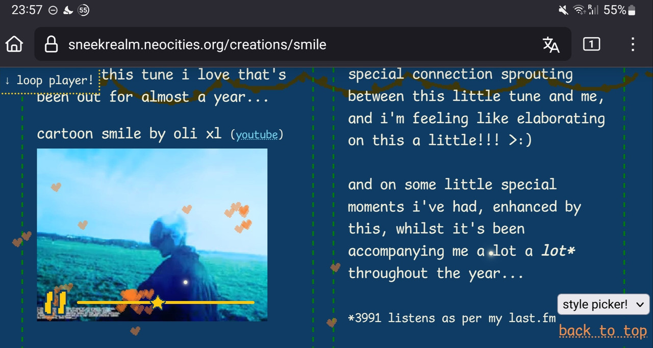 horizontal phone screenshot from my webpage dedicated to cartoon smile by oli xl, with a bunch of tiny translucent heartprints atop the song's embedded video, of oli walking round a field