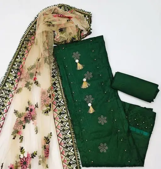 Women's Green Floral Embroidered Cotton Suits & Dress Materials (R116)