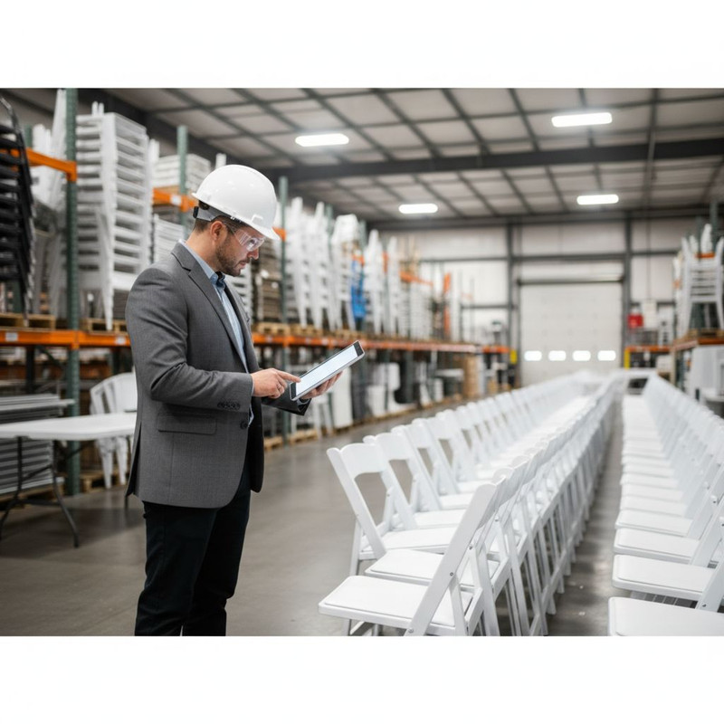 Инспектор проверяет состояние партии белых стульев на складе перед отправкой на мероприятие, что является важным этапом контроля качества при аренде мебели.
