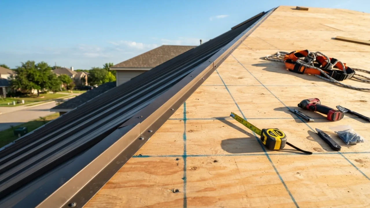 Standing seam metal roof panel layout chalk lines and starting reference on deck San Antonio TX