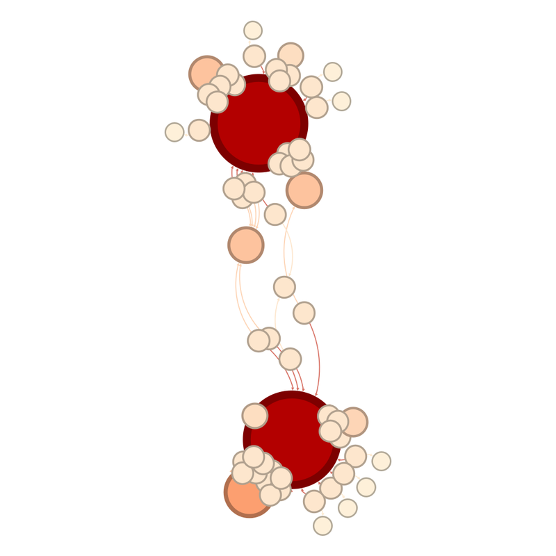 Network graph of the two teams in the final.  There are two large red circles representing England and Spain.  Of the smaller paler circles, there is one very large one next to the bottom of the two large red circles.  There are two more smaller, paler circles closer to the top of the two large red circles.