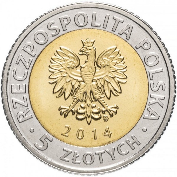 Аверс монети 5 злотих Польща 2014 — орел з гербу, напис RZECZPOSPOLITA POLSKA MW 2014 • 5 ZŁOTYCH •