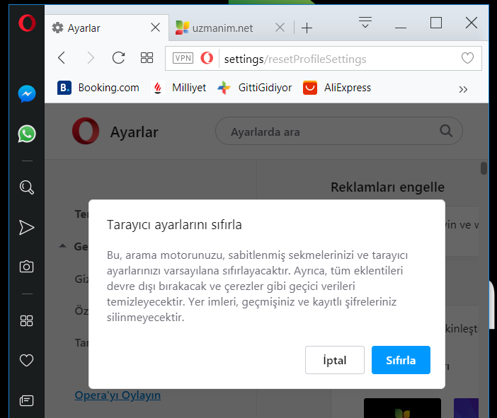 Opera sıfırlama