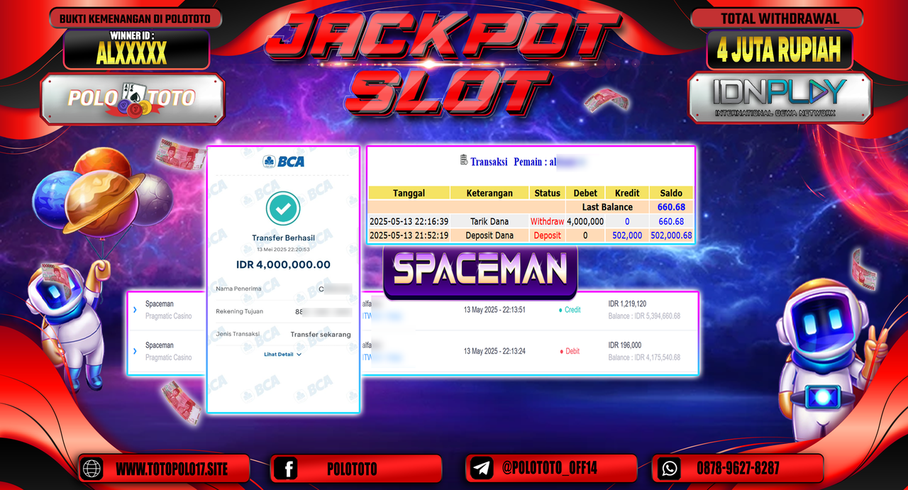 POLOTOTO JACKPOT SLOT SPACEMAN Rp.4.000.000,-