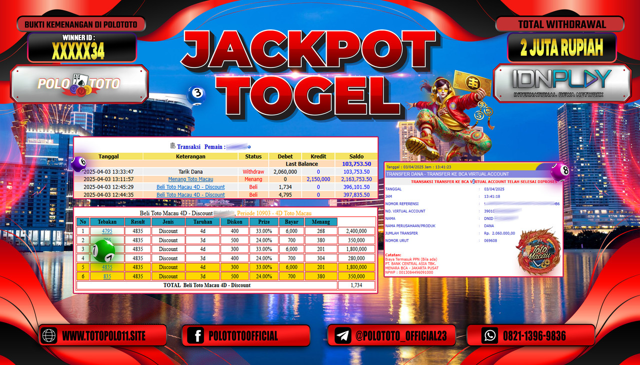 POLOTOTO JACKPOT TOGEL TOTO MACAU 4D Rp.2.060.000,-