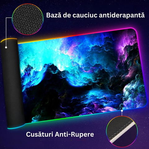 Голяма гумирана подложка за мишка, за игри, бюро, офис, с RGB LED осветление, шевове против хлъзгане, против разкъсване, водоустойчива, модел на вълни, включен USB кабел, 80 x 30 см, многоцветен