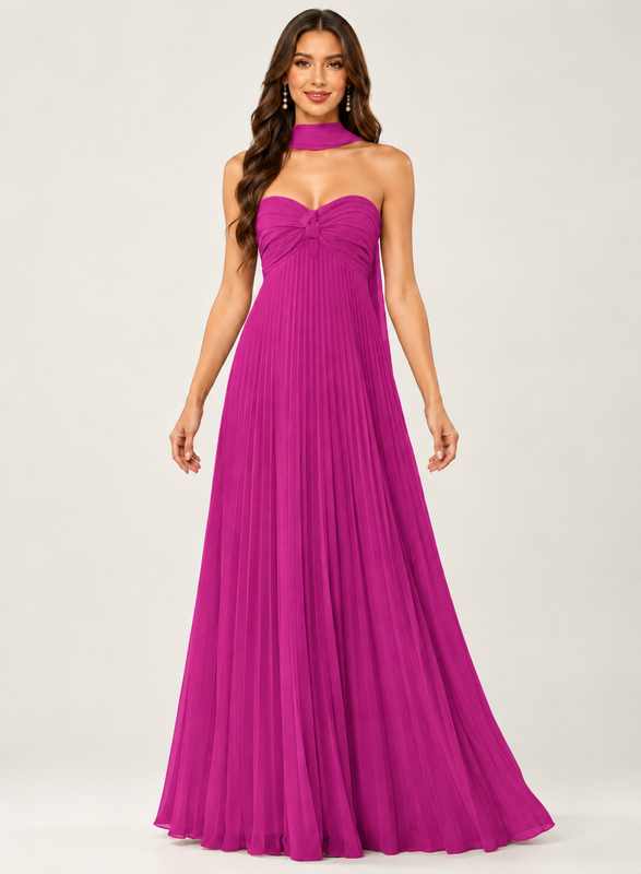 A-Line Chiffon Sweetheart Pleated Bridesmaid Dress with Scarf and Lace-Up Back