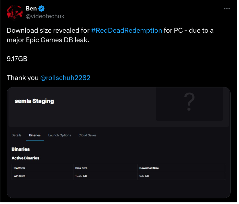 Screenshot 2024-06-12 at 07-35-43 (1) Ben on X Download size revealed for #RedDeadRedemption for PC 