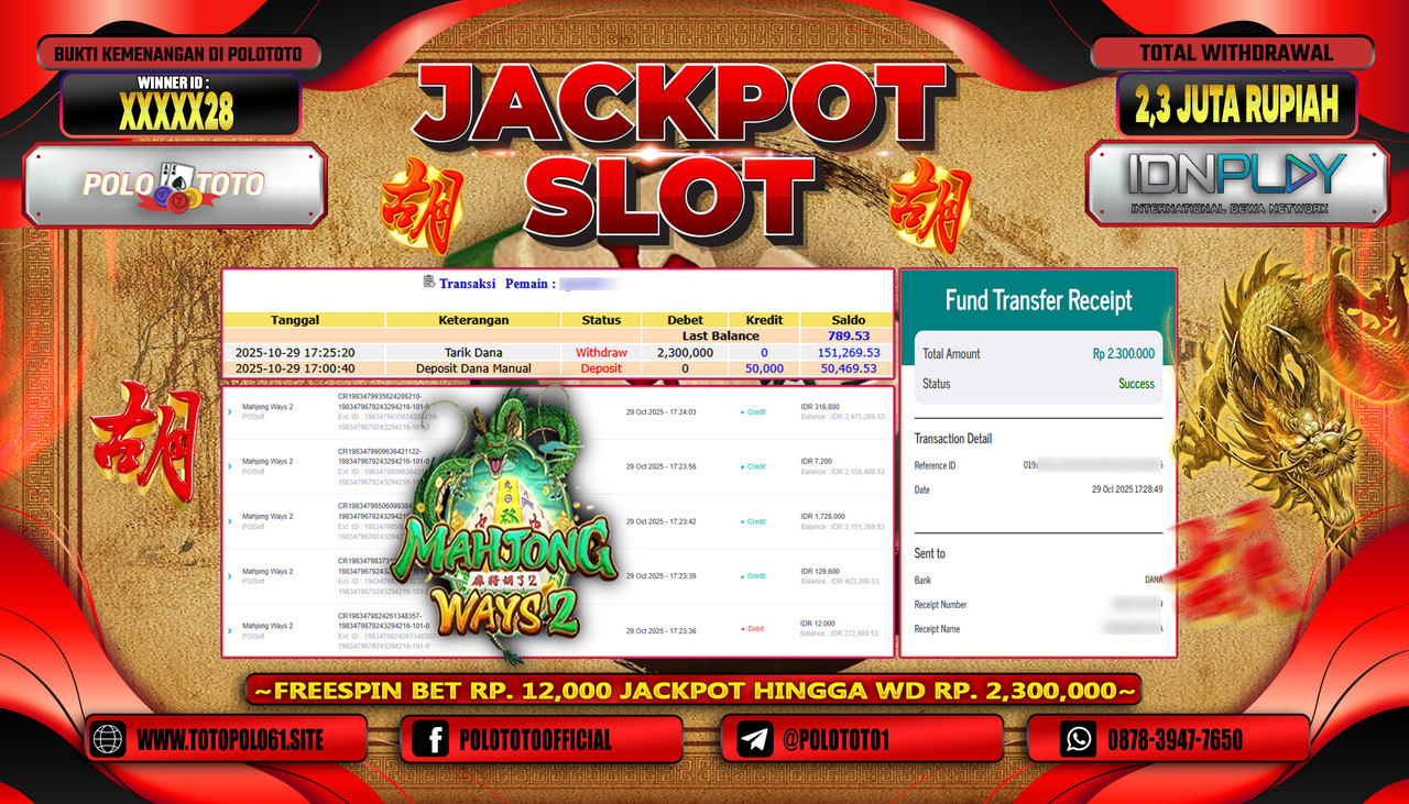 POLOTOTO JACKPOT SLOT MAHJONG WAYS 2 Rp.2.300.000,- LUNAS