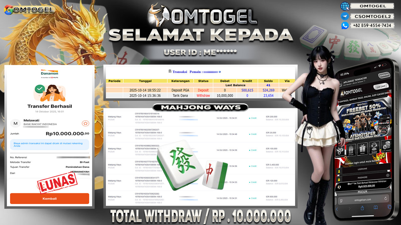 OMTOGEL JACKPOT PGSOFT MAHJONG WAYS 10 JUTA DI BAYAR LUNAS ,-