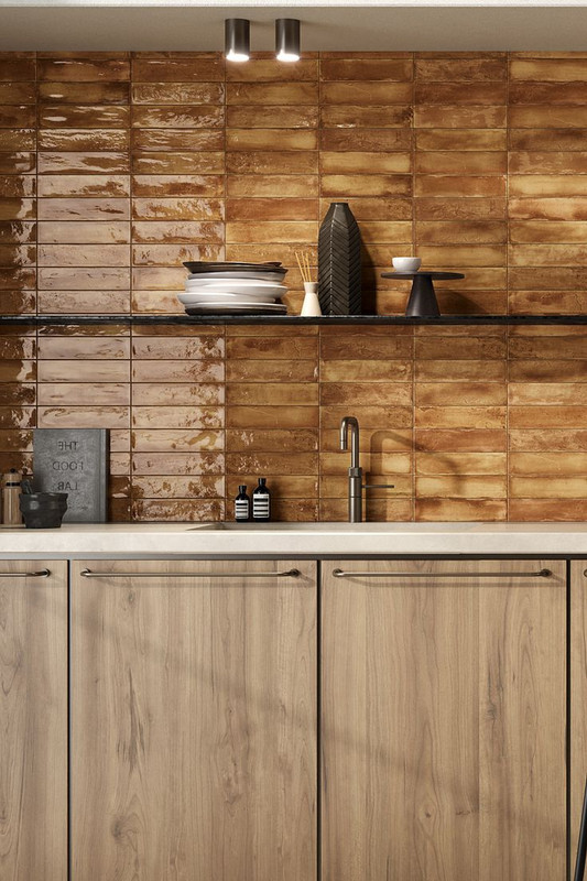 Ceramic Brown Stacked Rectangular Kitchen Tiles