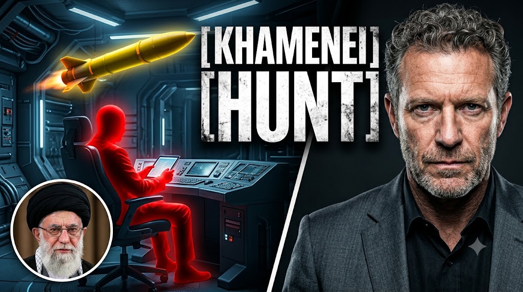 AI-generated example result for the youtube-thumbnail prompt: Khamenei Hunt Thumbnail – Geopolitical Investigative News Design AI YouTube Thumbnail Prompt