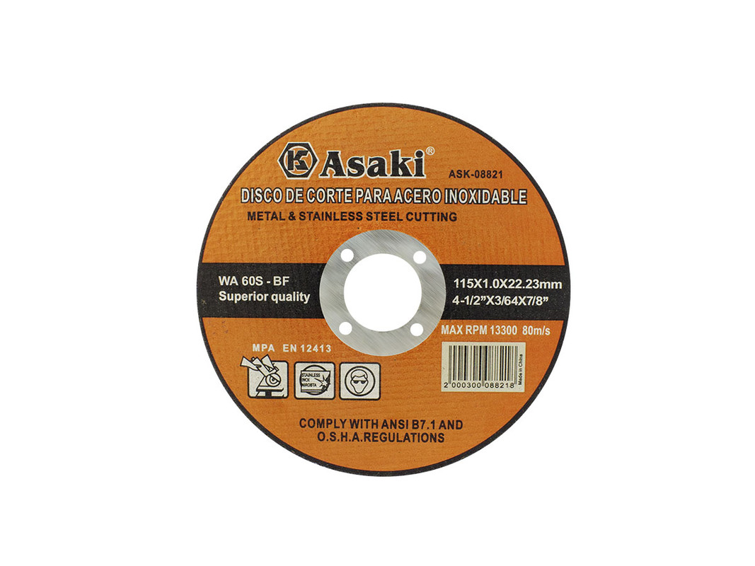 DISCO DE CORTE PARA ACERO INOX. 115MMX1MMX22.23MM ASAKI
