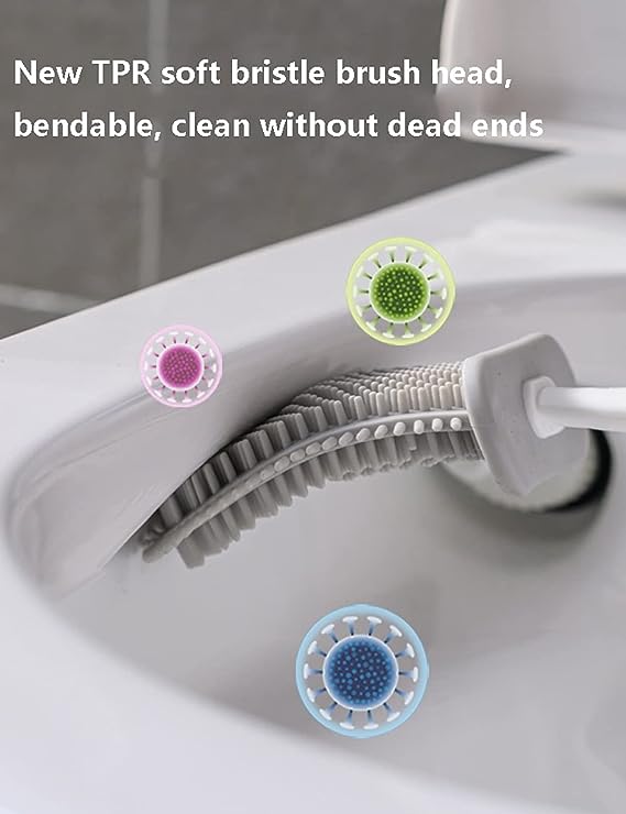 Set Perie WC din silicon pentru toaleta, AT PERFORMANCE®, Cap Flexibil, fixare pe perete, cu recipient din plastic, aspect modern, Alb - Sanitare - atMag.ro