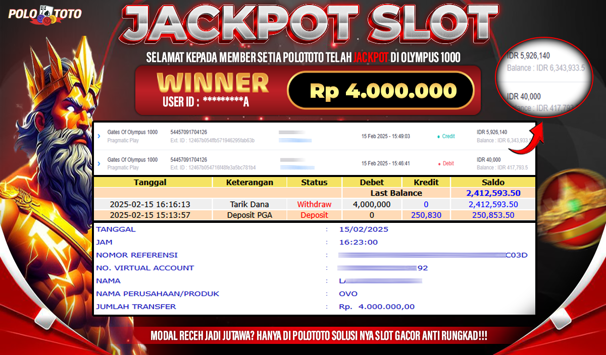 POLOTOTO JACKPOT SLOT GATES OF OLYMPUS 1000 Rp.4.000.000,-