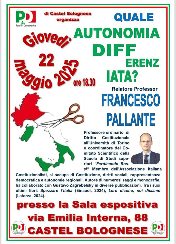 Giovedì 22 maggio incontro pubblico sul tema dell’autonomia differenziata con il Professor Francesco Pallante